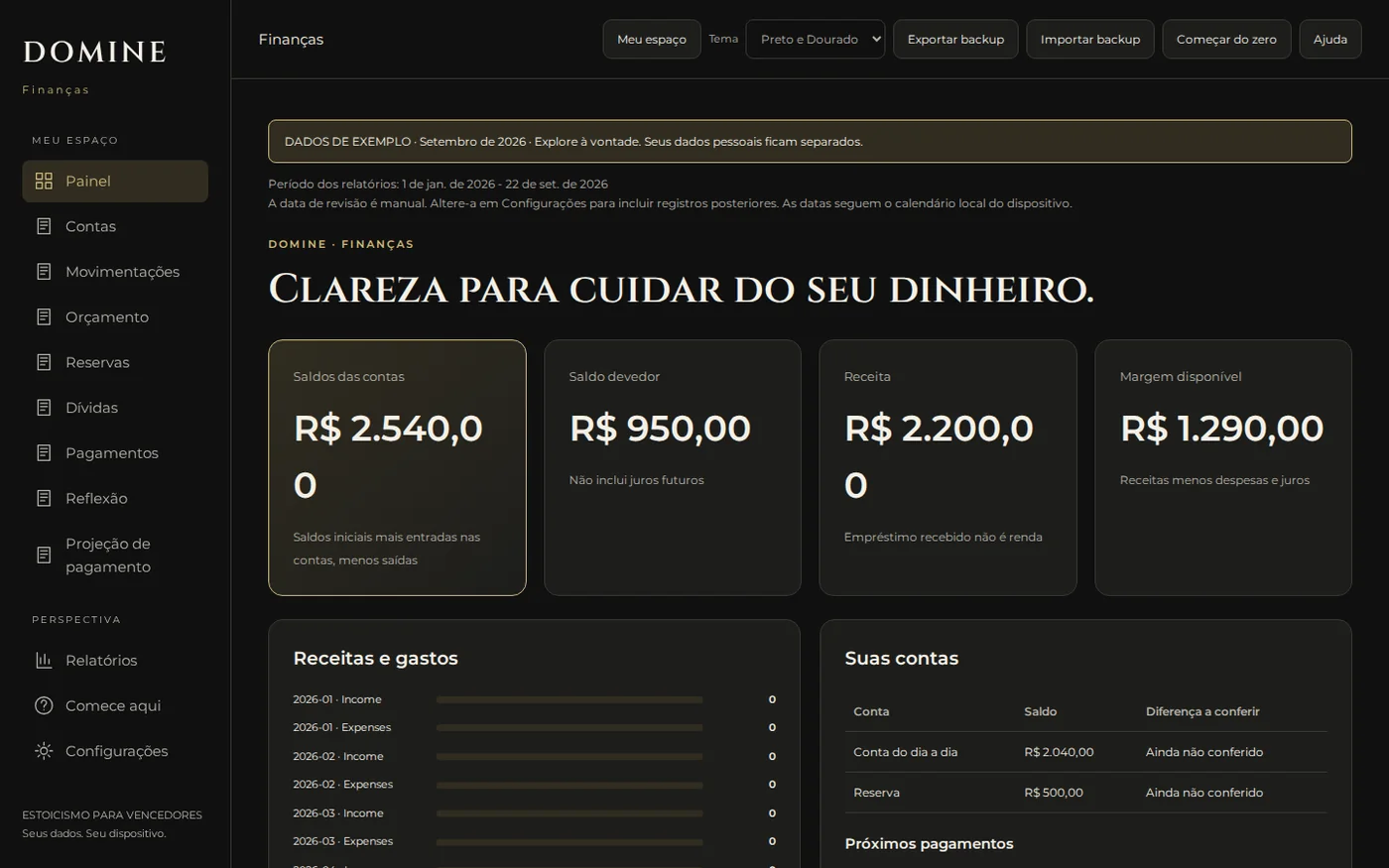 Painel real do aplicativo DOMINE suas Finanças