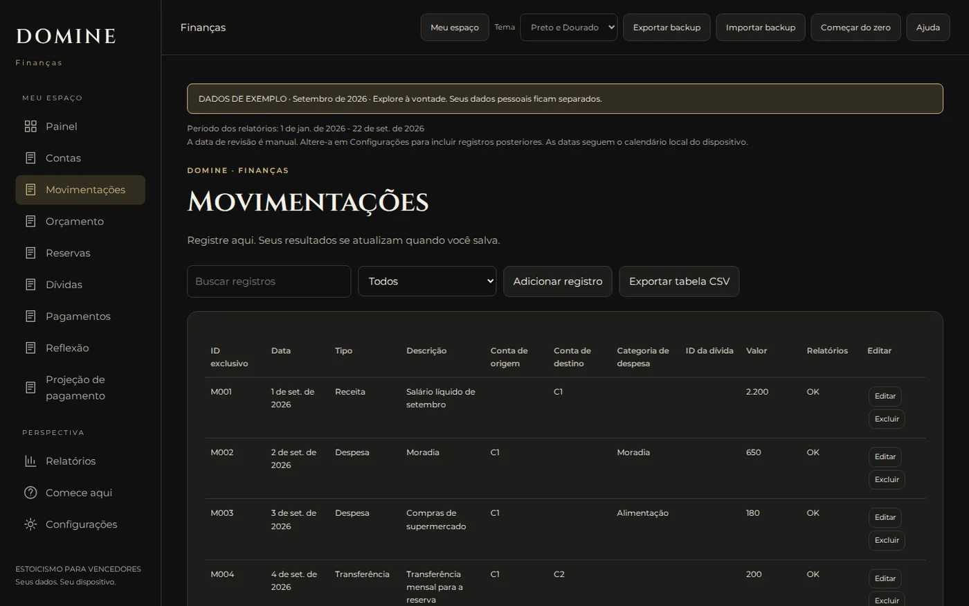 Tela de registro do aplicativo DOMINE suas Finanças