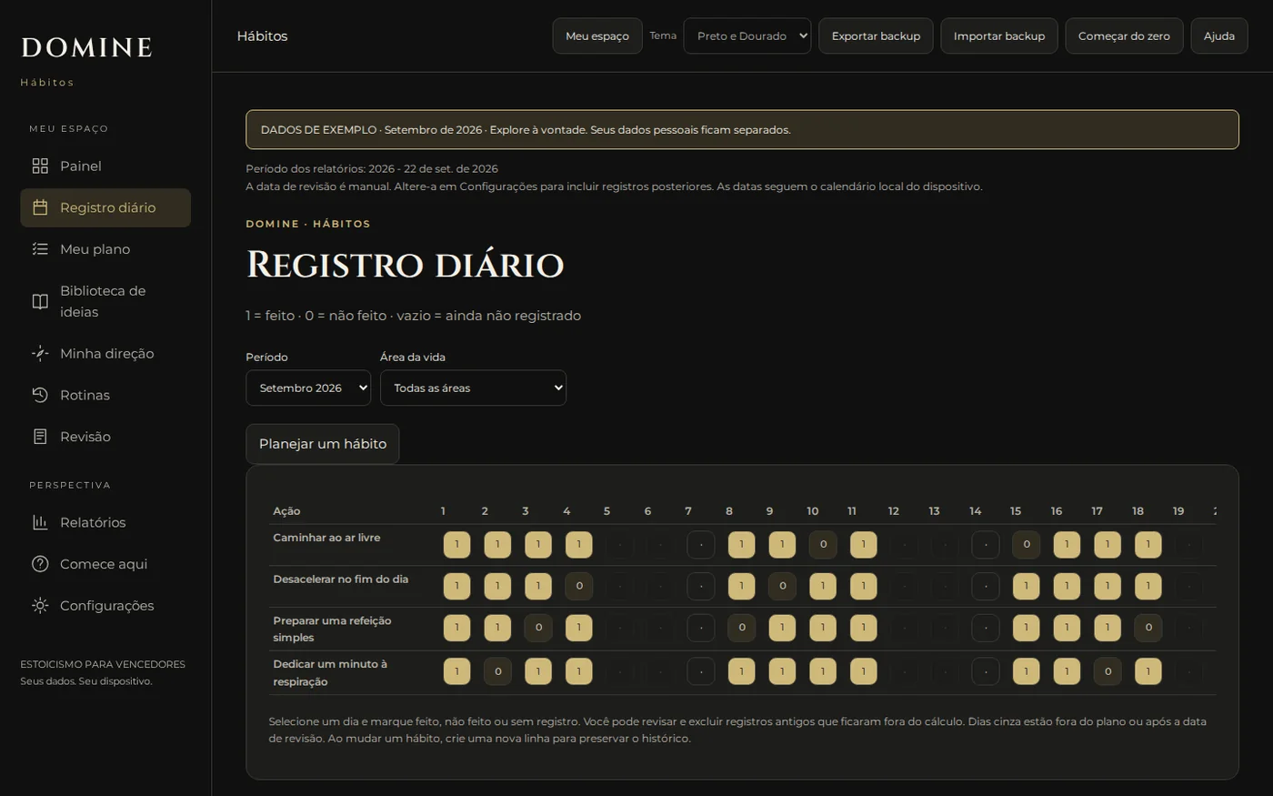 Tela de registro do aplicativo DOMINE seus Hábitos
