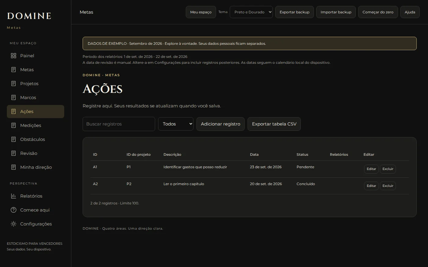 Tela de registro do aplicativo DOMINE suas Metas