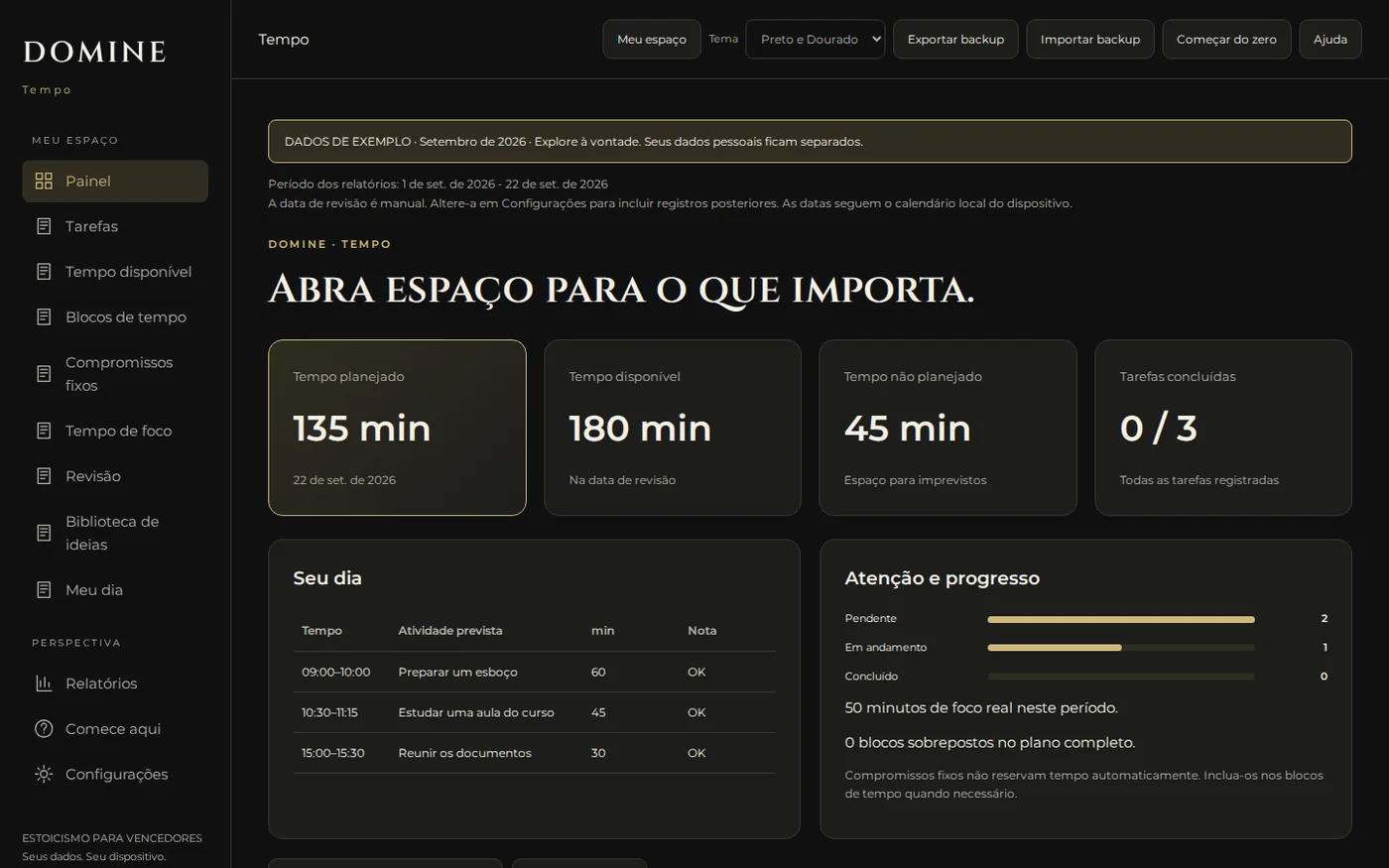Painel real do aplicativo DOMINE seu Tempo