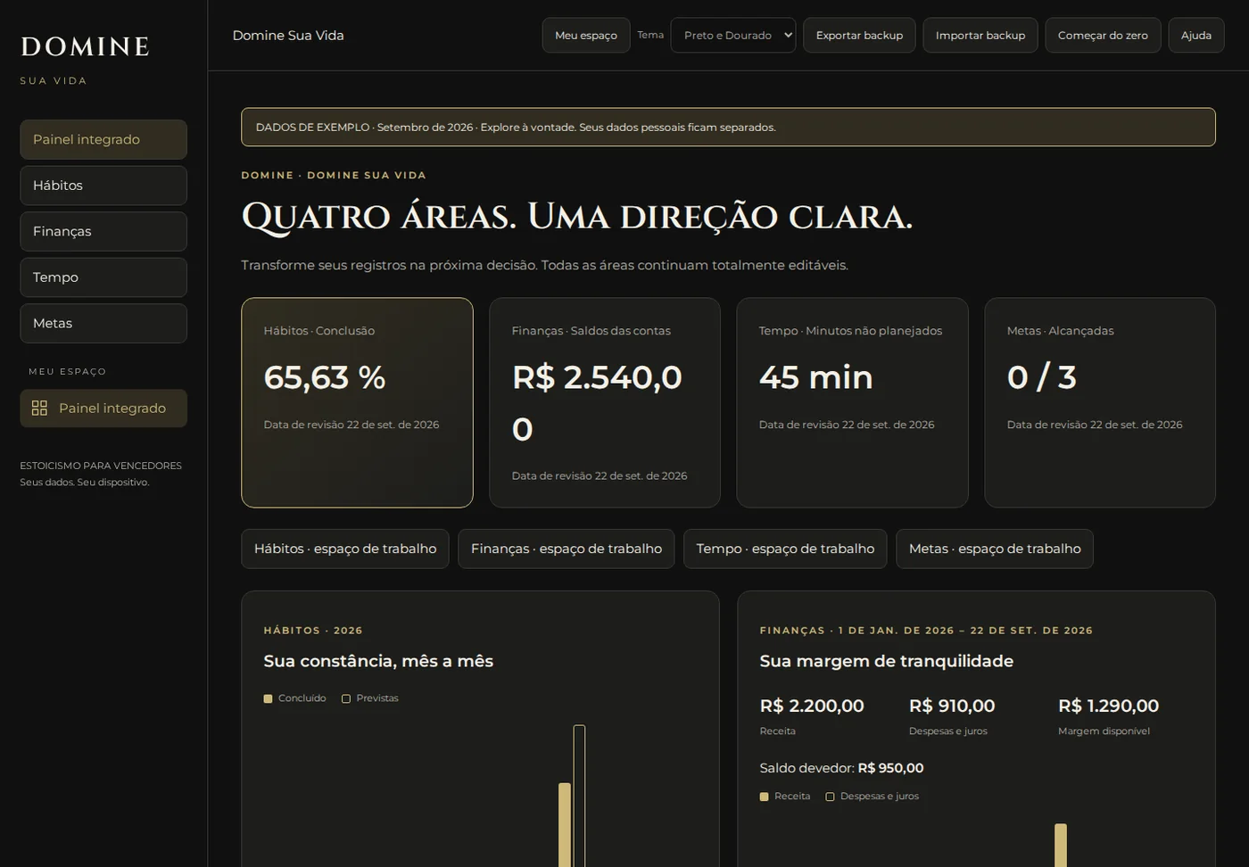Painel integrado de DOMINE Sua Vida com as quatro áreas