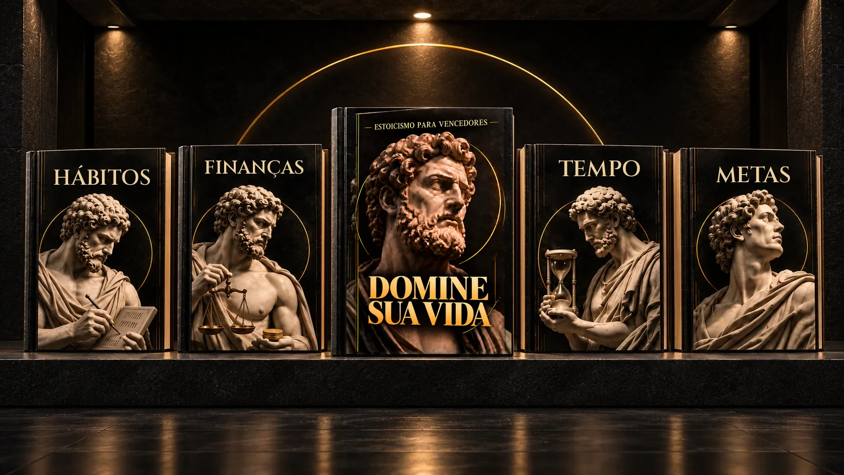 Os cinco volumes DOMINE alinhados em uma galeria escura