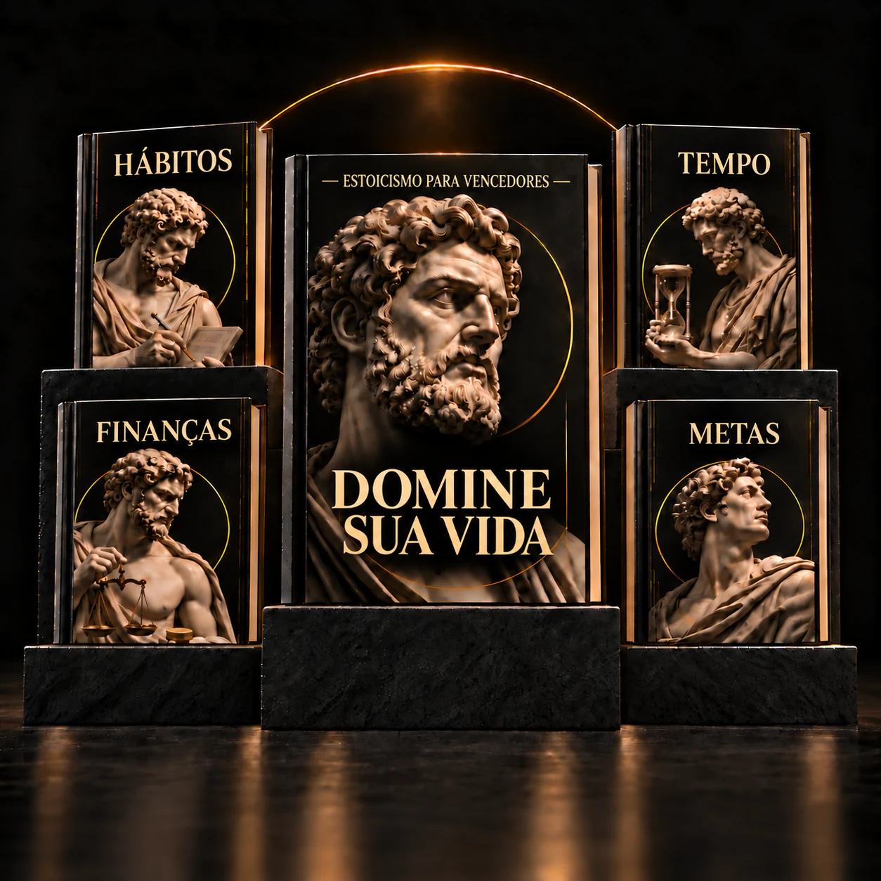 A coleção DOMINE: DOMINE Sua Vida no centro, Hábitos e Finanças à esquerda, Tempo e Metas à direita